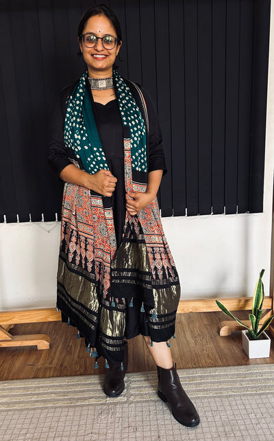 MAULI: HANDMADE BANDHANI AJRAKH MODAL SILK DUPATTA WITH TISSUE