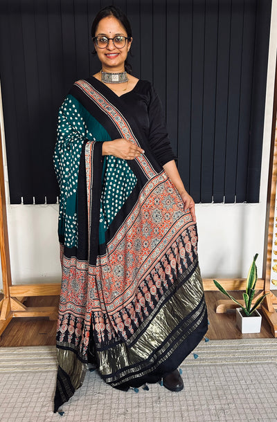 MAULI: HANDMADE BANDHANI AJRAKH MODAL SILK DUPATTA WITH TISSUE