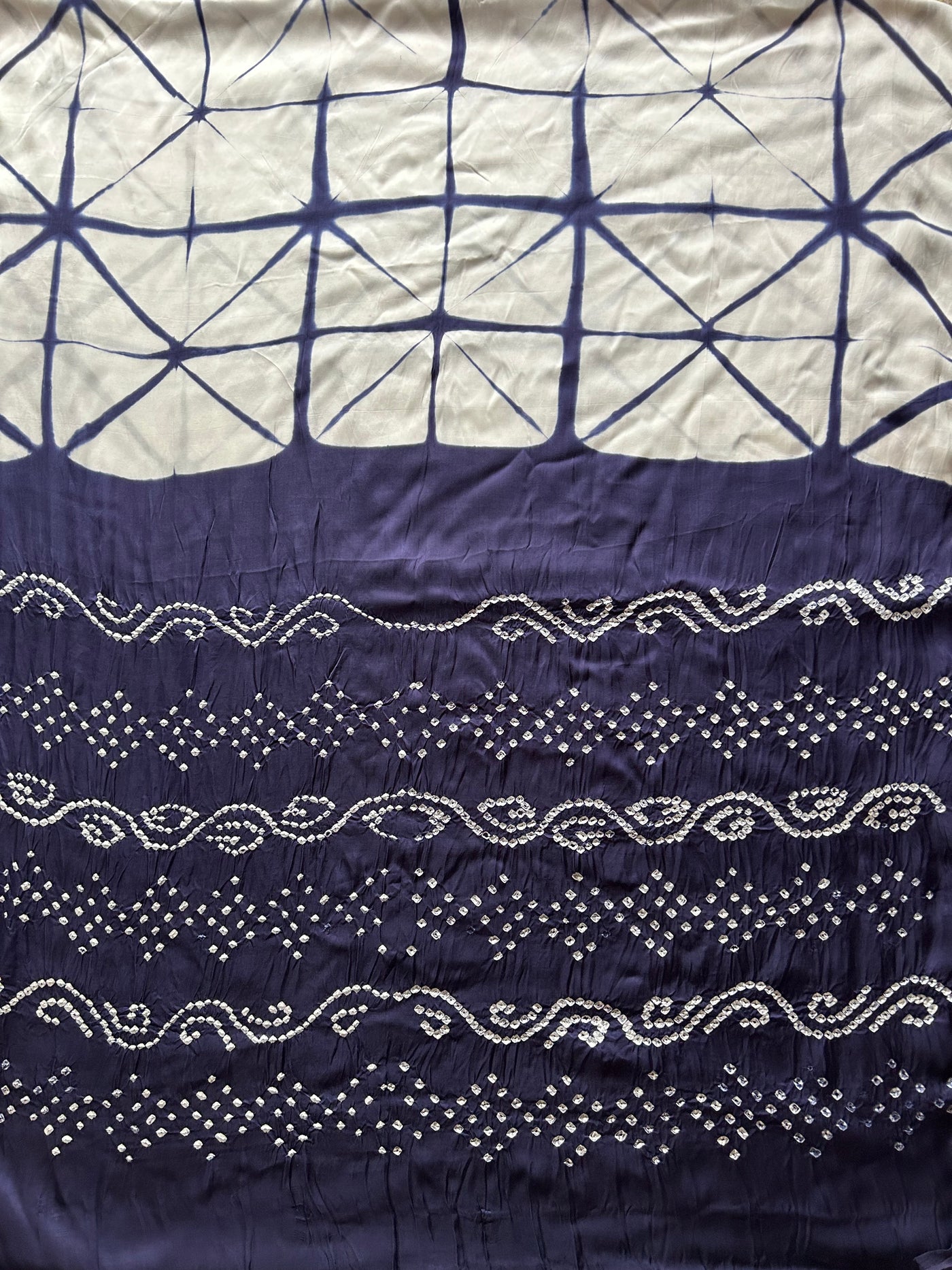Viola: Handmade Clamp Dye- Bandhej Modal Silk Saree