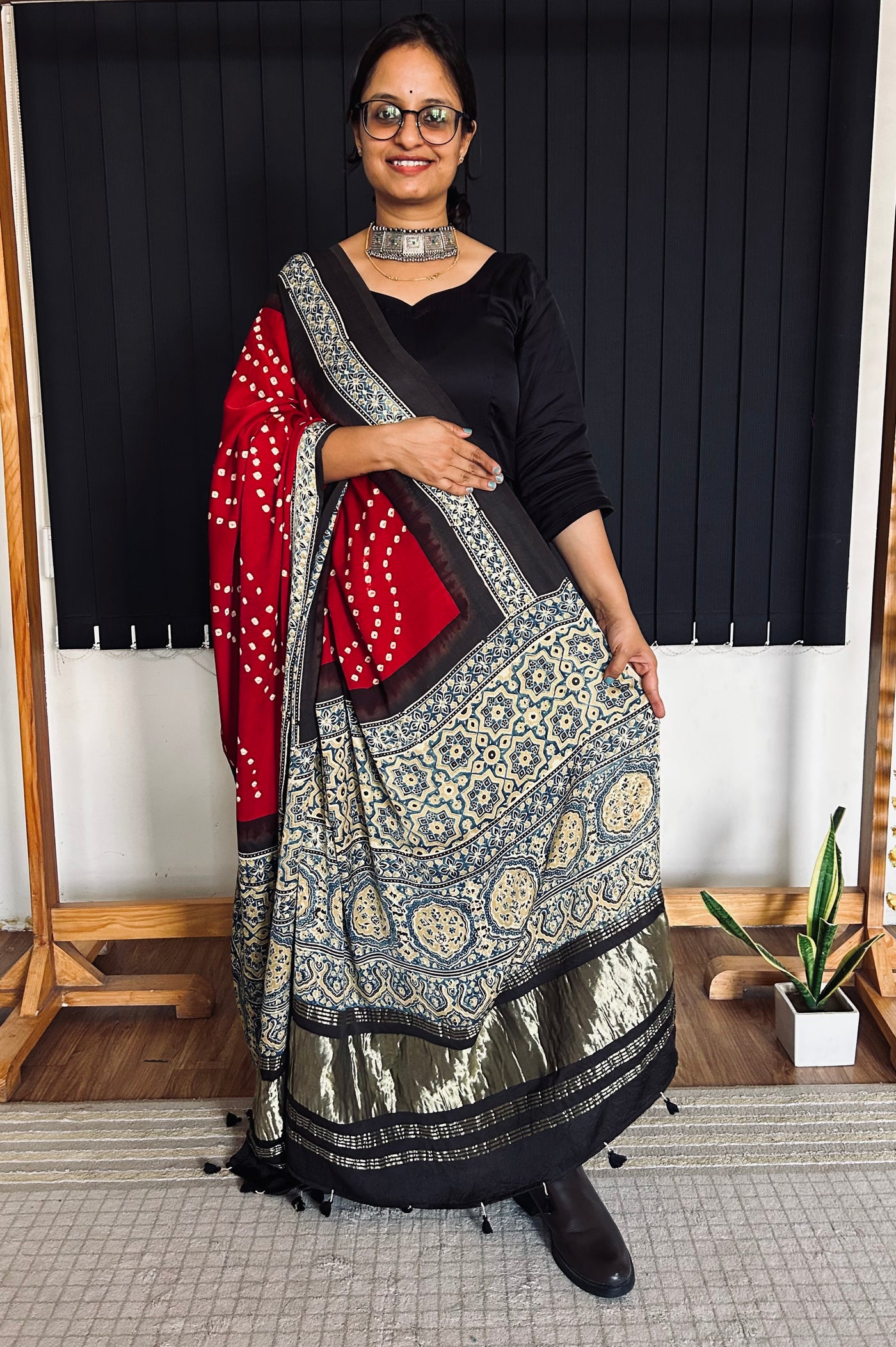 APSARA: HANDMADE BANDHANI AJRAKH MODAL SILK DUPATTA WITH TISSUE
