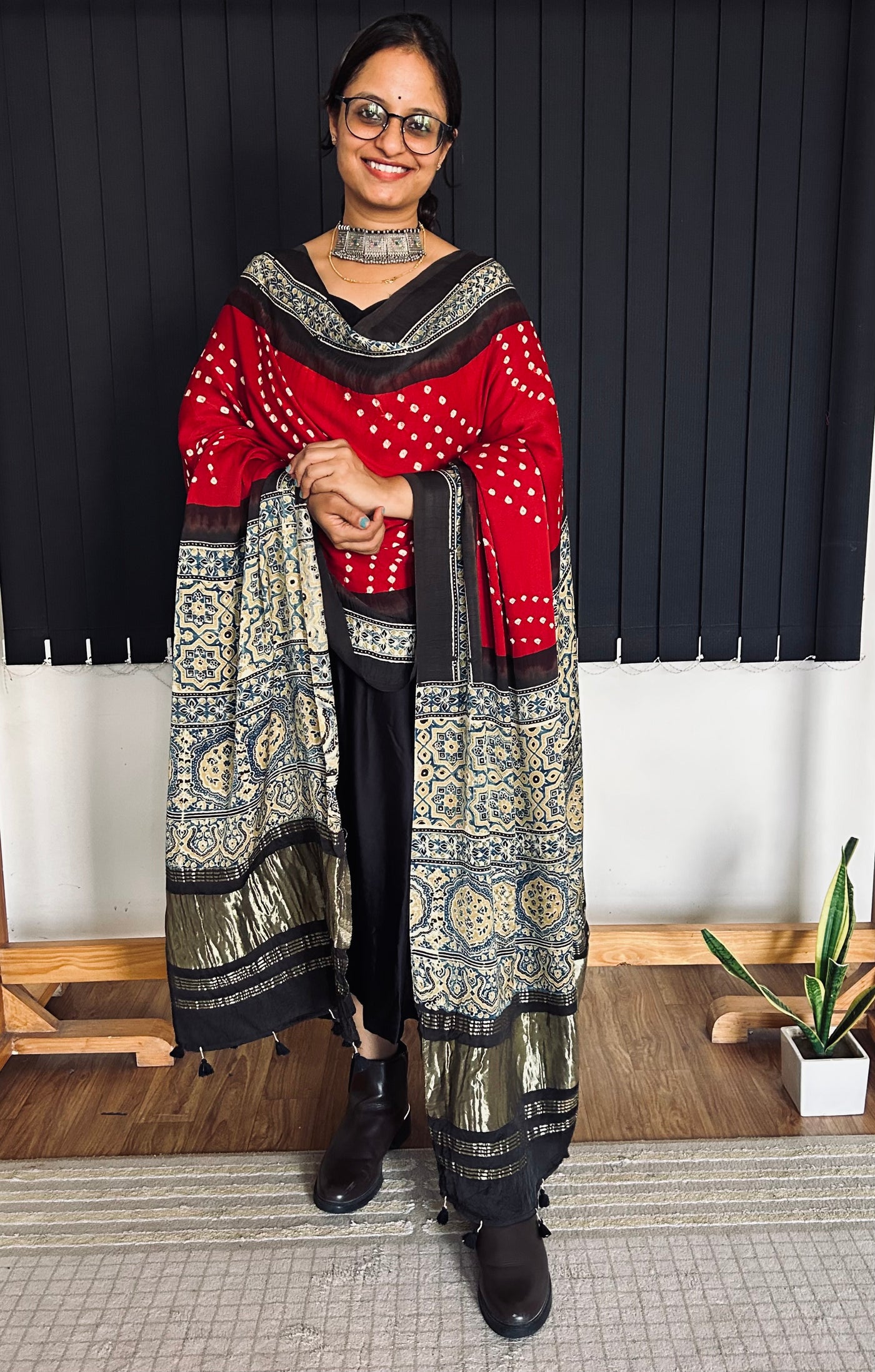 APSARA: HANDMADE BANDHANI AJRAKH MODAL SILK DUPATTA WITH TISSUE
