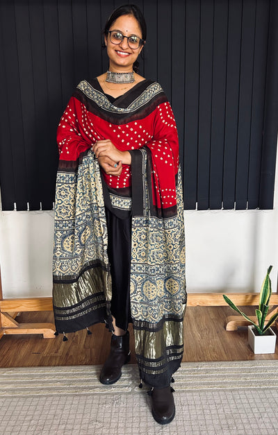 APSARA: HANDMADE BANDHANI AJRAKH MODAL SILK DUPATTA WITH TISSUE