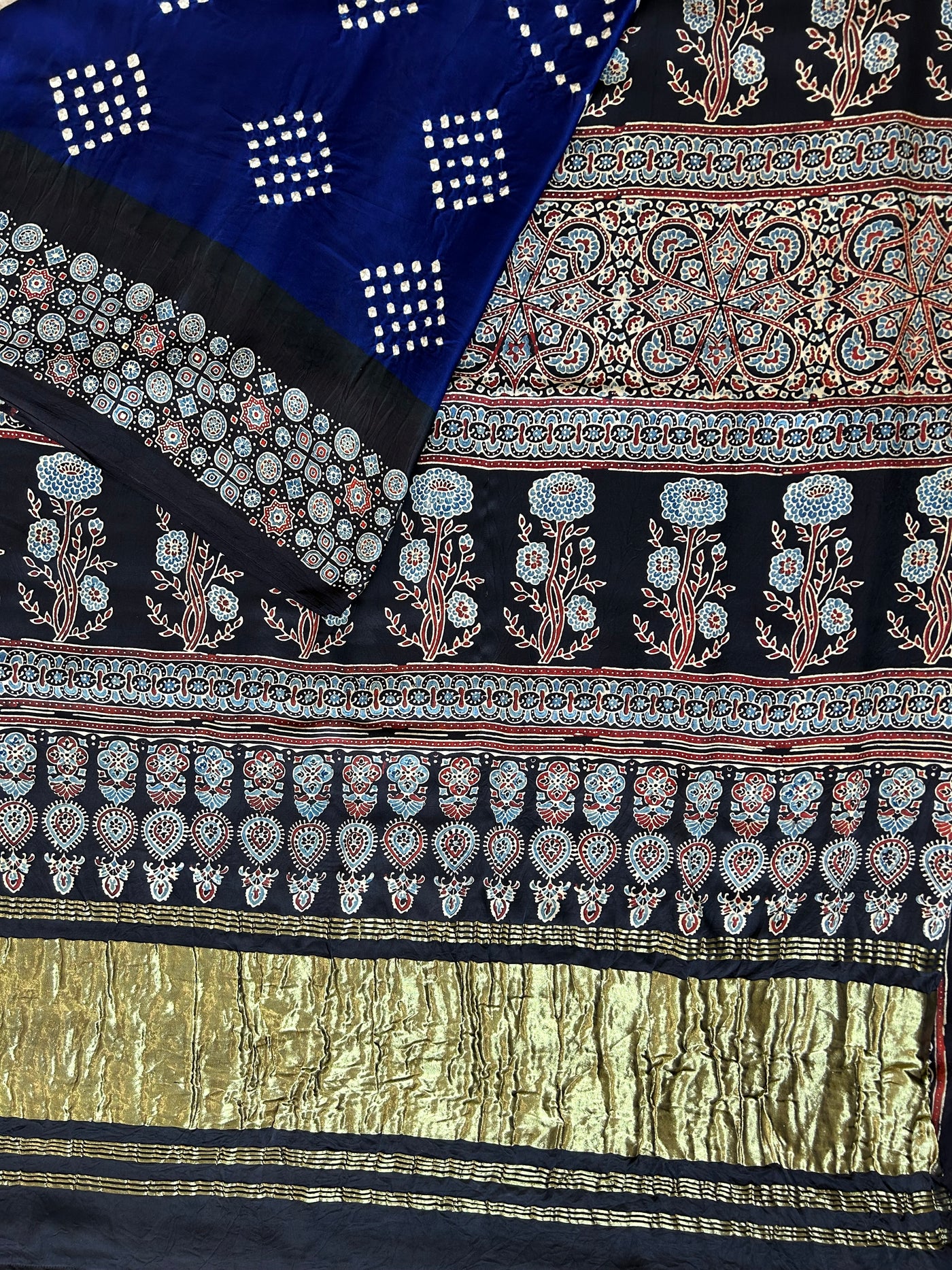 BHOOMIJA : HANDMADE BANDHANI AJRAKH MODAL SILK SAREE WITH TISSUE PALLU