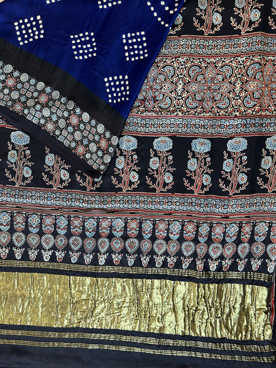 BHOOMIJA : HANDMADE BANDHANI AJRAKH MODAL SILK SAREE WITH TISSUE PALLU