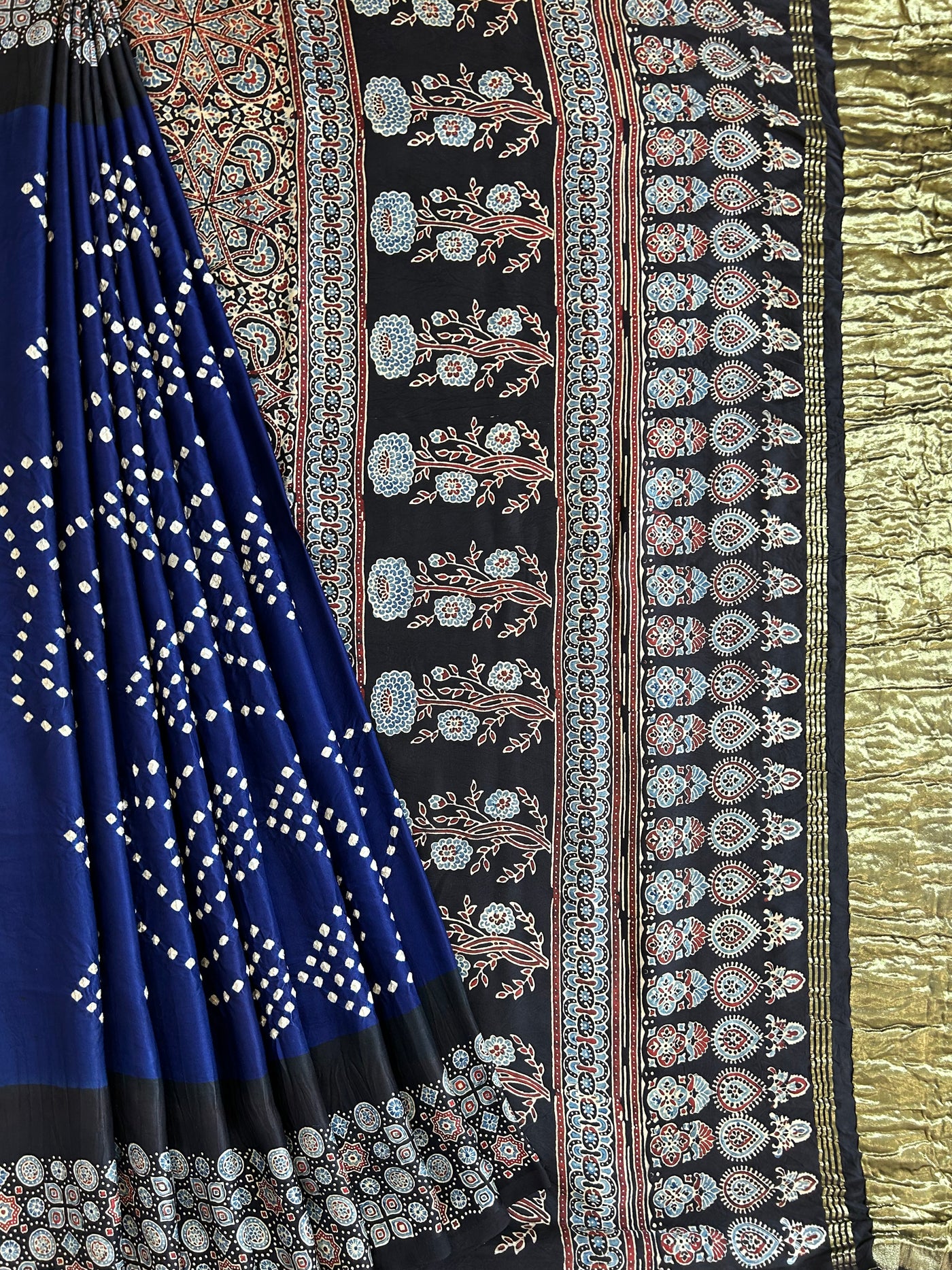 BHOOMIJA : HANDMADE BANDHANI AJRAKH MODAL SILK SAREE WITH TISSUE PALLU