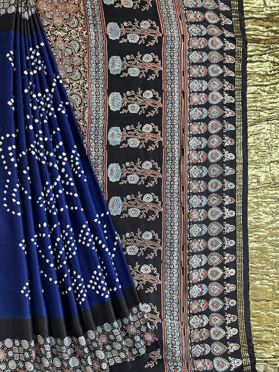 BHOOMIJA : HANDMADE BANDHANI AJRAKH MODAL SILK SAREE WITH TISSUE PALLU