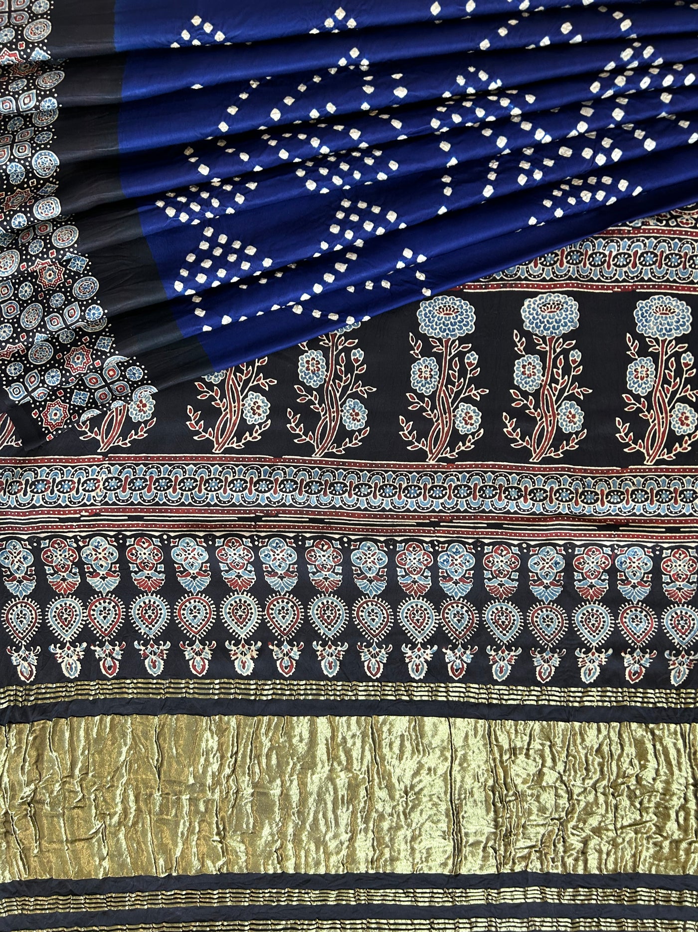BHOOMIJA : HANDMADE BANDHANI AJRAKH MODAL SILK SAREE WITH TISSUE PALLU