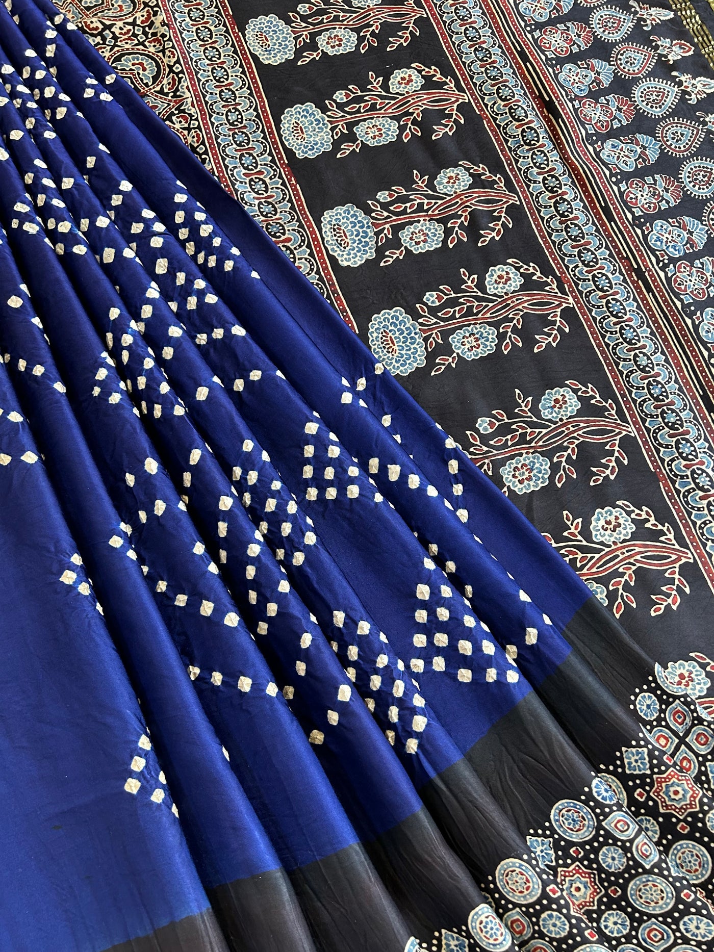 BHOOMIJA : HANDMADE BANDHANI AJRAKH MODAL SILK SAREE WITH TISSUE PALLU