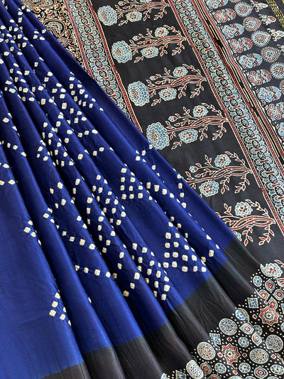 BHOOMIJA : HANDMADE BANDHANI AJRAKH MODAL SILK SAREE WITH TISSUE PALLU