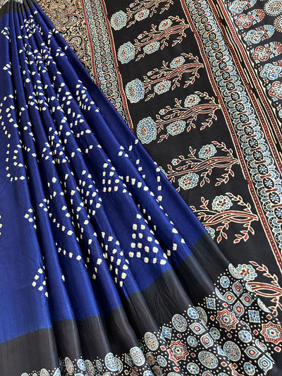 BHOOMIJA : HANDMADE BANDHANI AJRAKH MODAL SILK SAREE WITH TISSUE PALLU