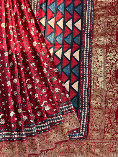 KHUSHI:MADDER,HANDBLOCK AJRAKH DOLA SILK SAREE WITH MEENAKARI PALLU.