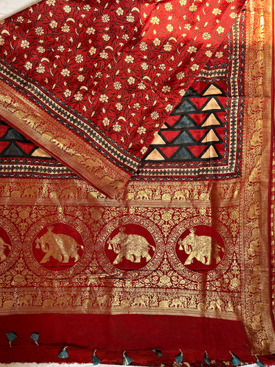 KHUSHI:MADDER,HANDBLOCK AJRAKH DOLA SILK SAREE WITH MEENAKARI PALLU.