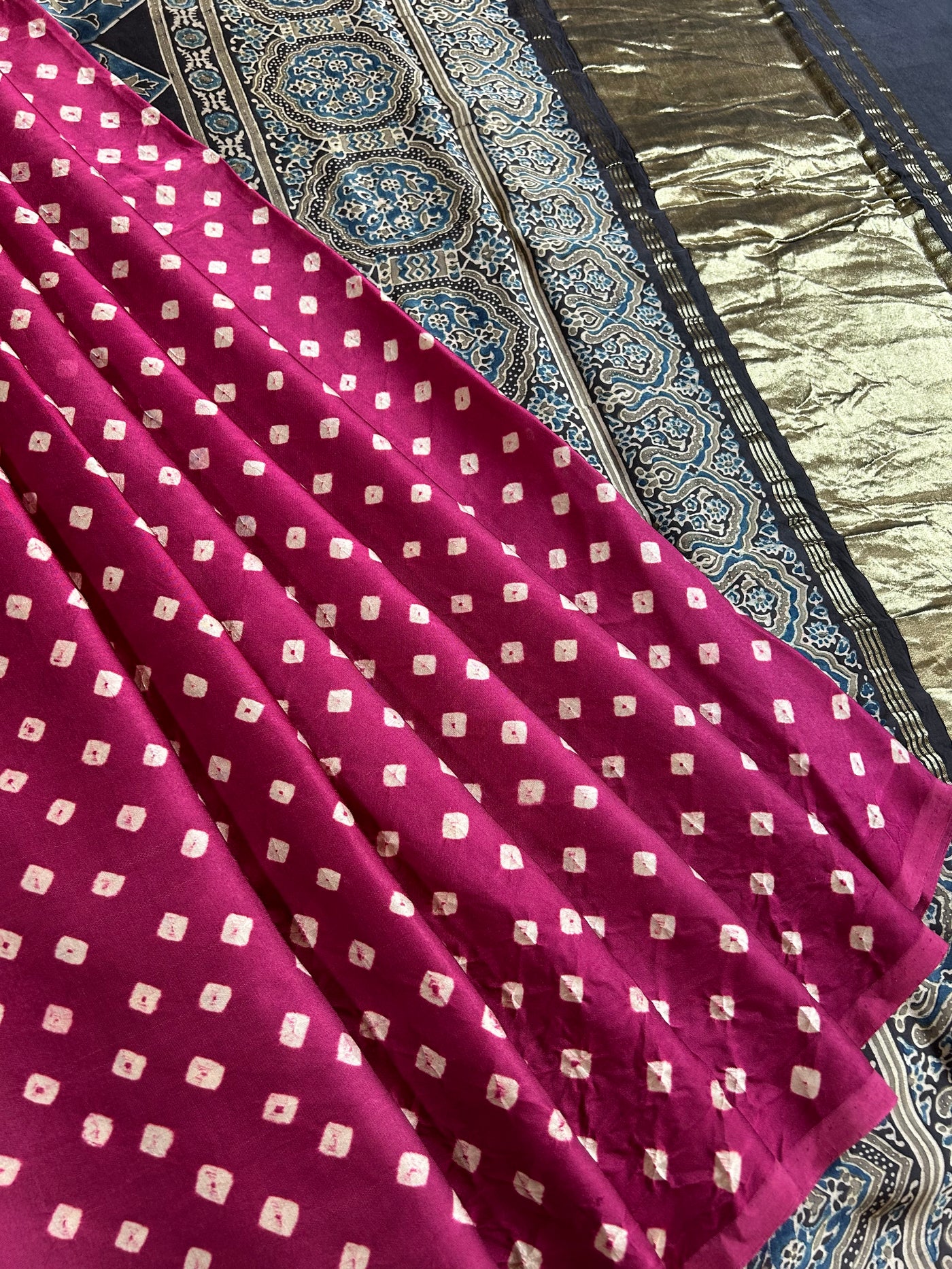 Ruby:Handmade  Bandhej Ajrakh  tissue Saree