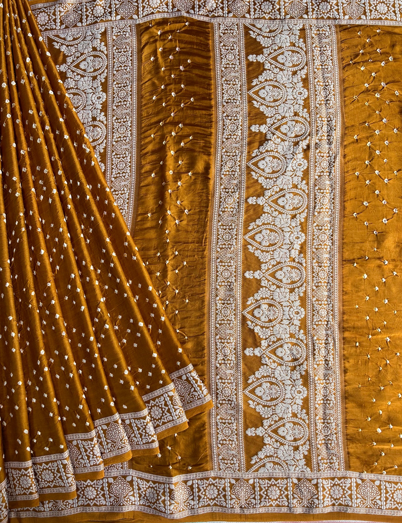 PAHELI: Handmade Bandhani Modal Silk Saree With Designer Pallu
