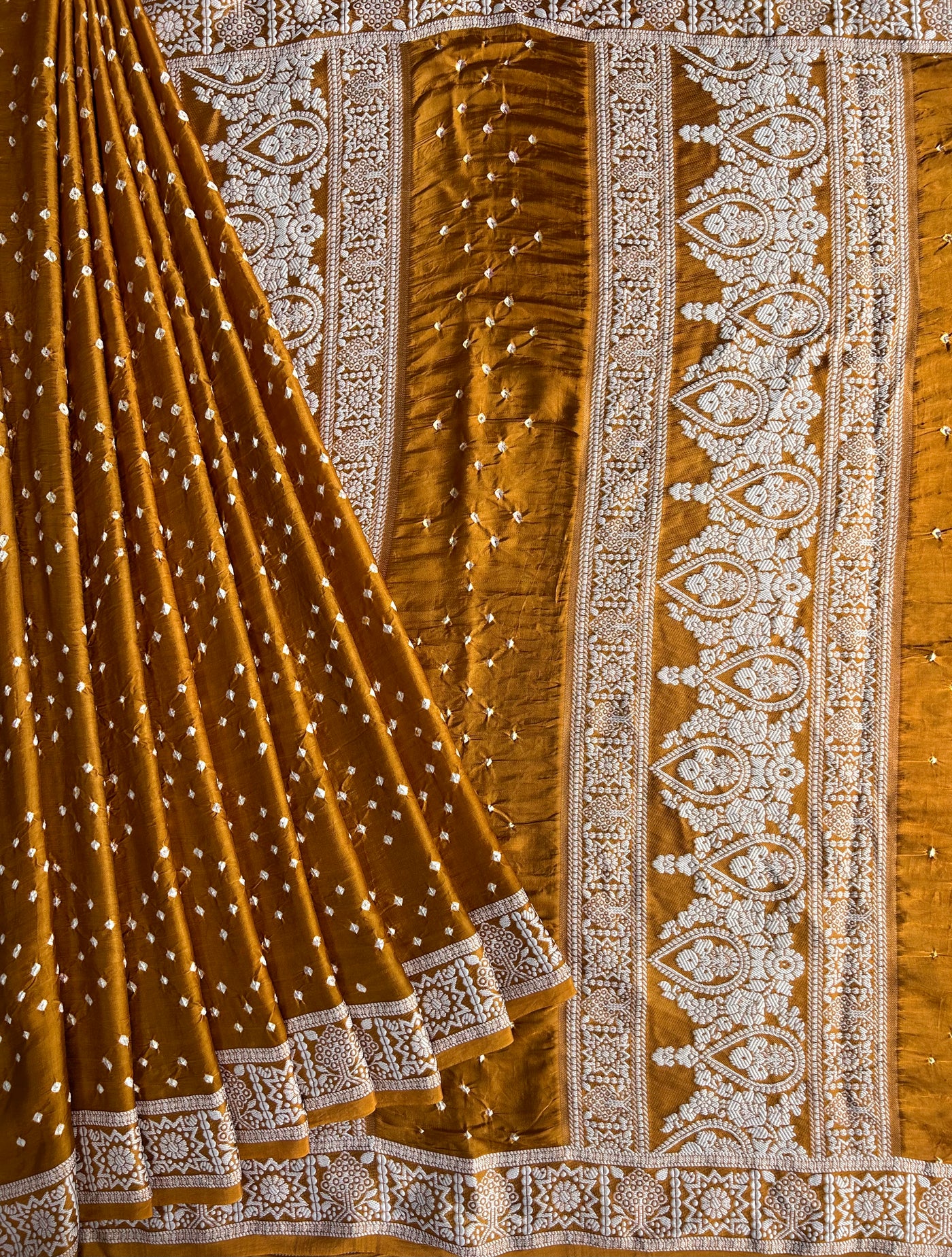PAHELI: Handmade Bandhani Modal Silk Saree With Designer Pallu