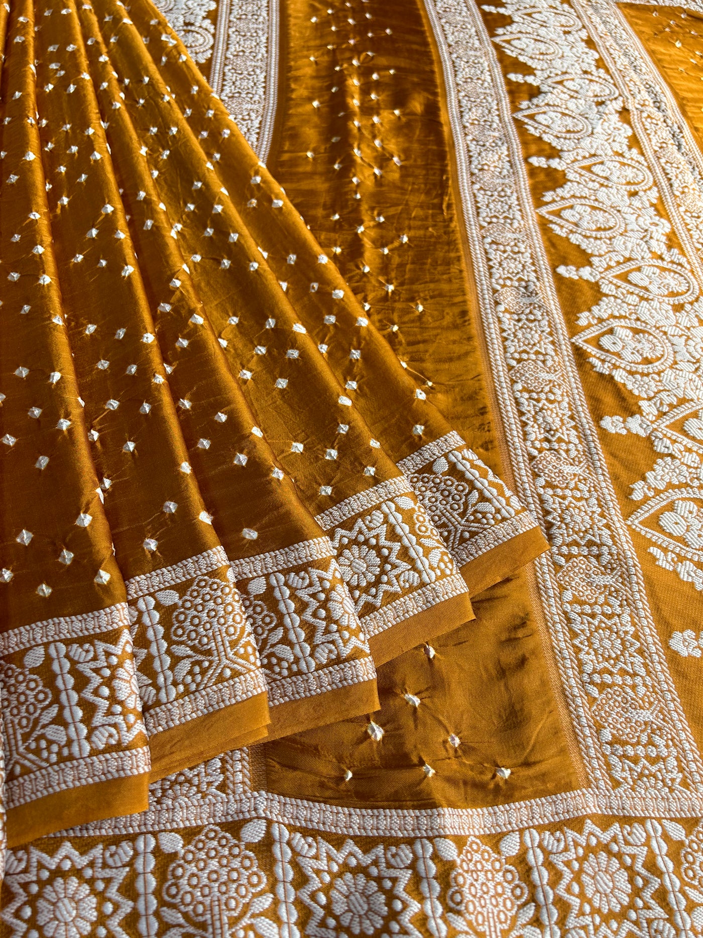 PAHELI: Handmade Bandhani Modal Silk Saree With Designer Pallu