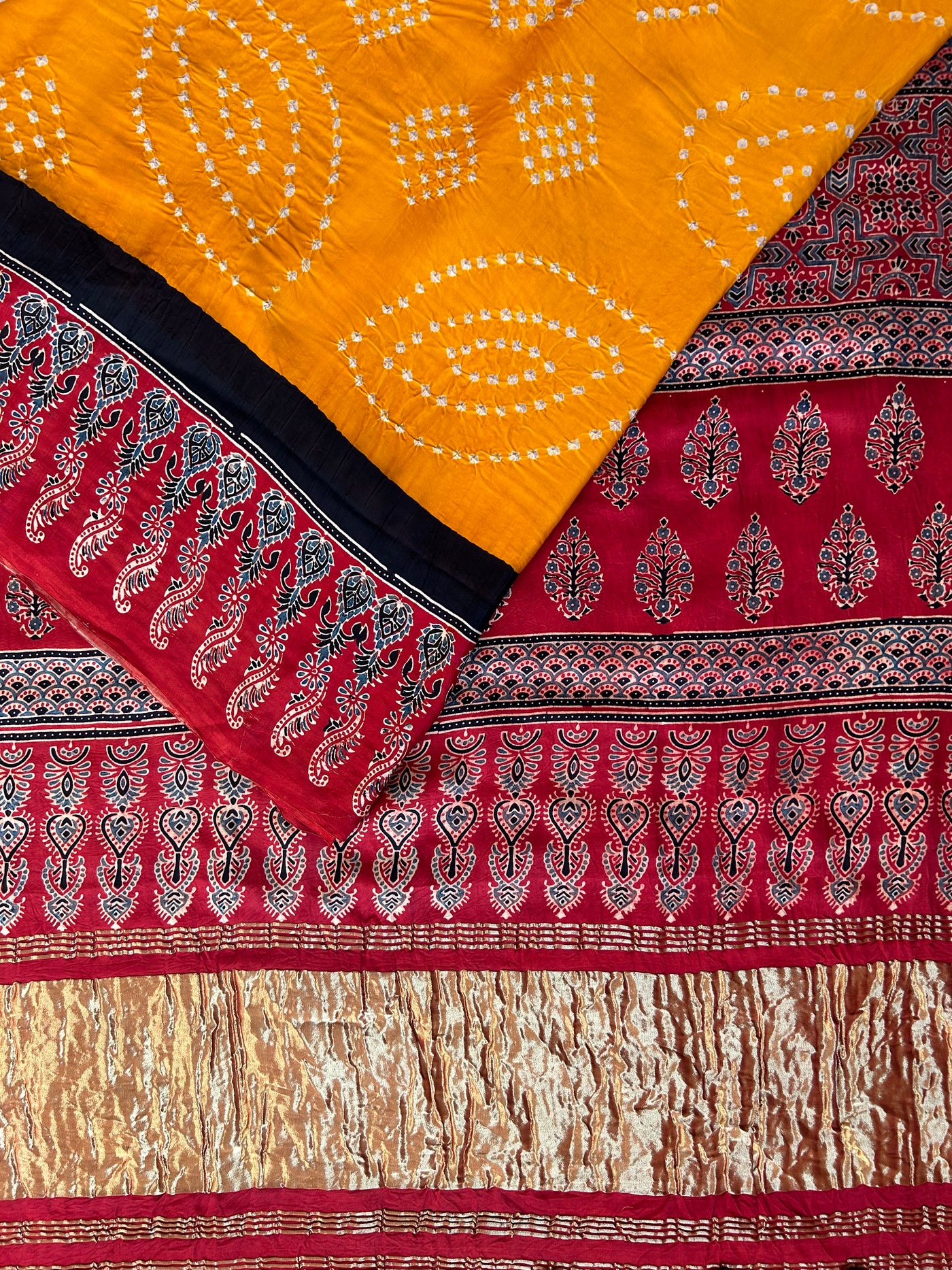 AABHA : HANDMADE BANDHANI AJRAKH MODAL SILK SAREE WITH TISSUE PALLU