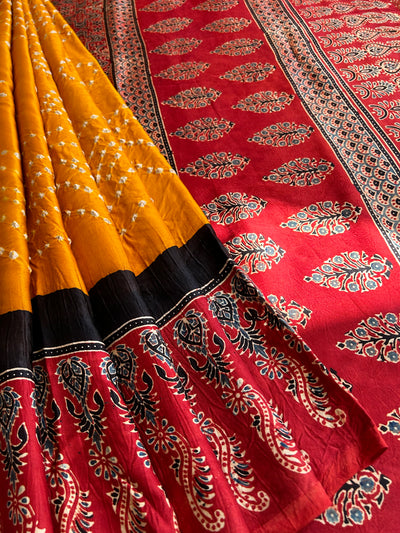 AABHA : HANDMADE BANDHANI AJRAKH MODAL SILK SAREE WITH TISSUE PALLU