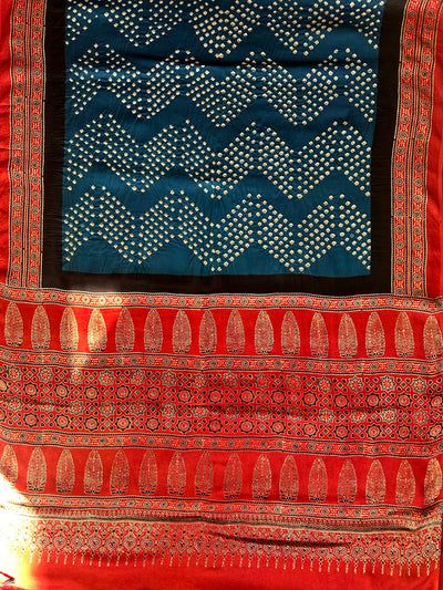 AADHYA : HANDMADE BANDHANI AJRAKH MODAL SILK SAREE WITH TISSUE PALLU