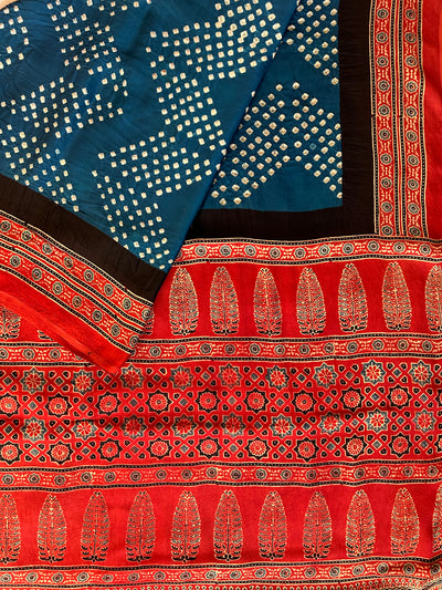 AADHYA : HANDMADE BANDHANI AJRAKH MODAL SILK SAREE WITH TISSUE PALLU
