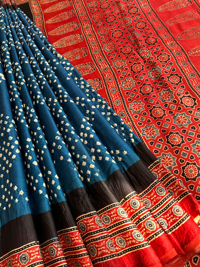 AADHYA : HANDMADE BANDHANI AJRAKH MODAL SILK SAREE WITH TISSUE PALLU