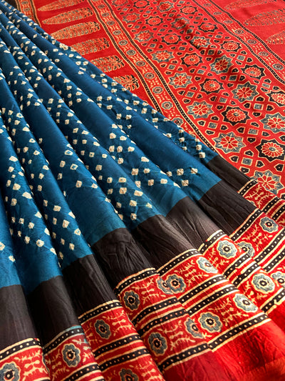 AADHYA : HANDMADE BANDHANI AJRAKH MODAL SILK SAREE WITH TISSUE PALLU