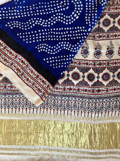 KAHANI : HANDMADE BANDHANI AJRAKH MODAL SILK SAREE WITH TISSUE PALLU
