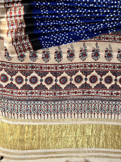 KAHANI : HANDMADE BANDHANI AJRAKH MODAL SILK SAREE WITH TISSUE PALLU