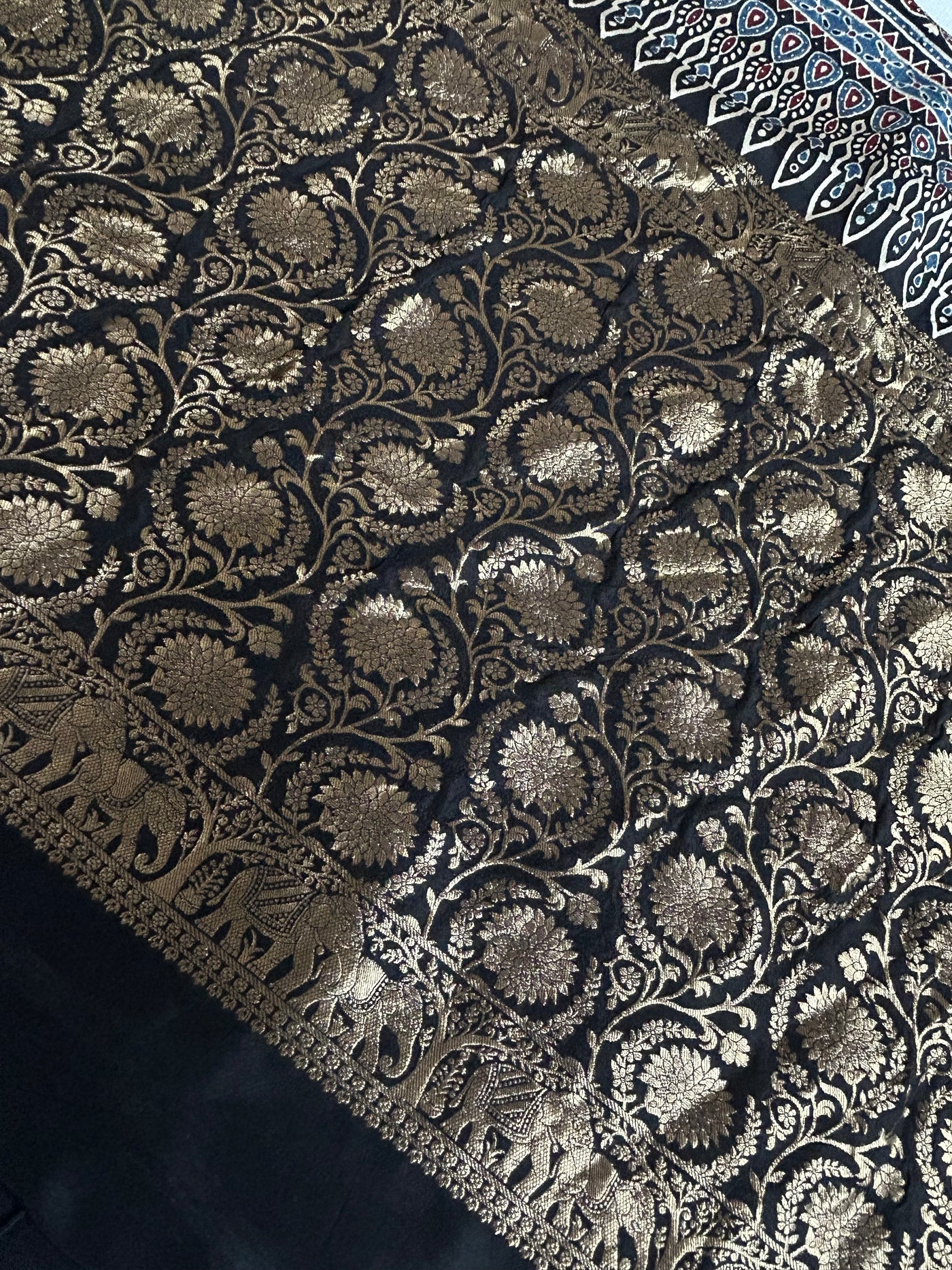 URVASHI: Handblock Ajrakh Dola Silk Saree with Meenakari Pallu