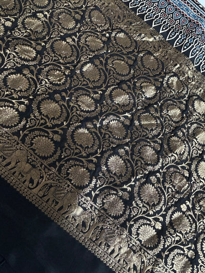 URVASHI: Handblock Ajrakh Dola Silk Saree with Meenakari Pallu