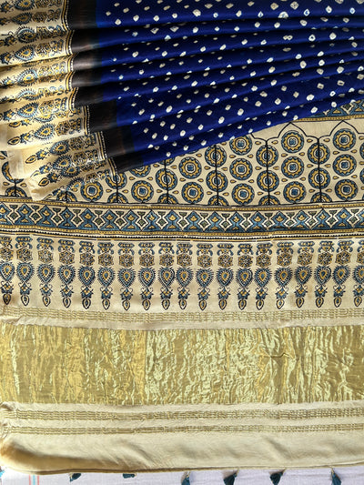 AAKRUTI : HANDMADE BANDHANI AJRAKH MODAL SILK SAREE WITH TISSUE PALLU