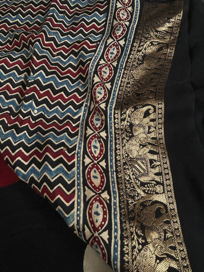 URVASHI: Handblock Ajrakh Dola Silk Saree with Meenakari Pallu