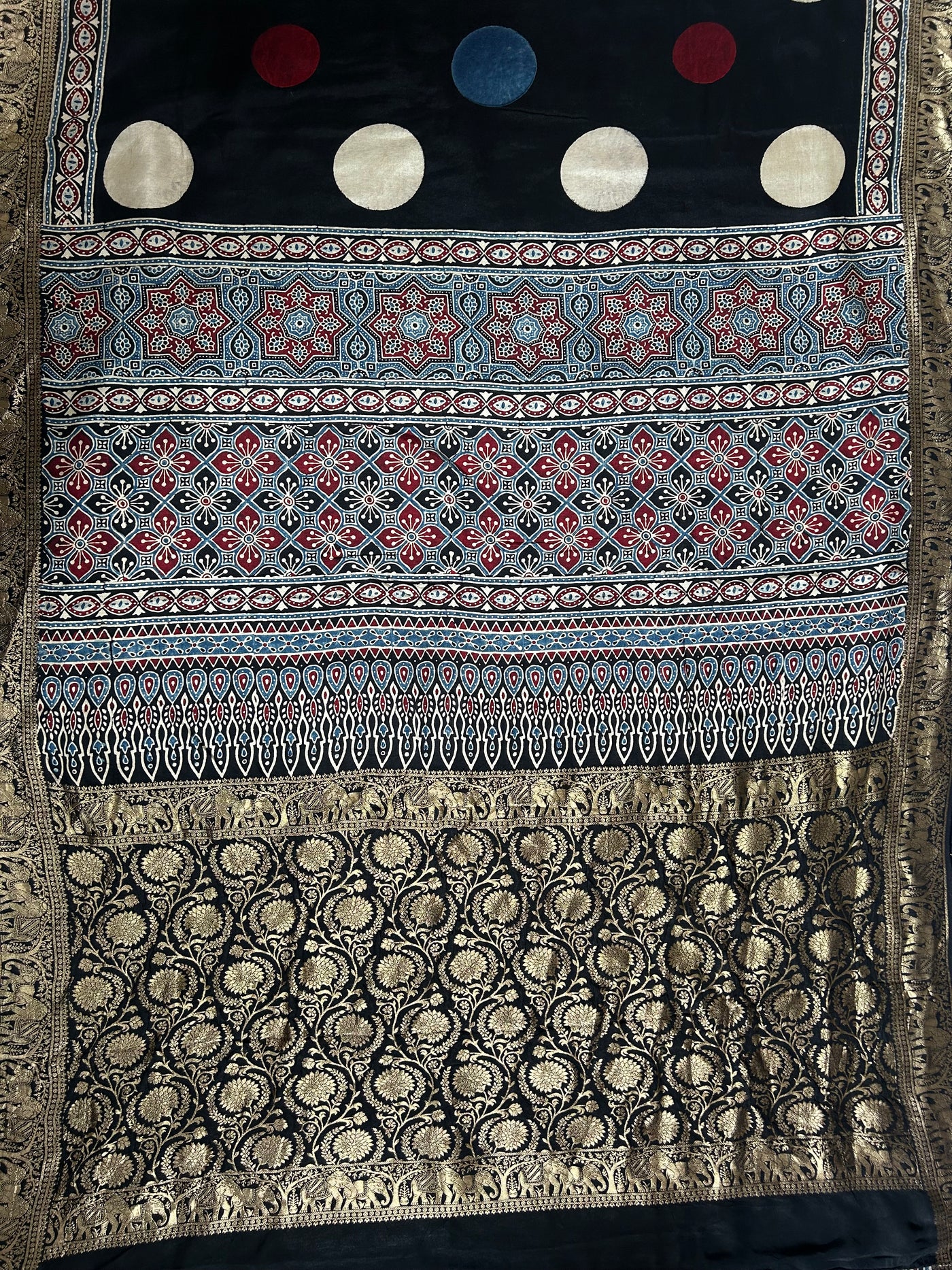 URVASHI: Handblock Ajrakh Dola Silk Saree with Meenakari Pallu