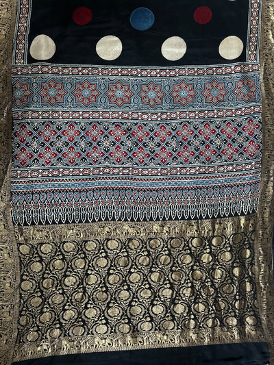 URVASHI: Handblock Ajrakh Dola Silk Saree with Meenakari Pallu