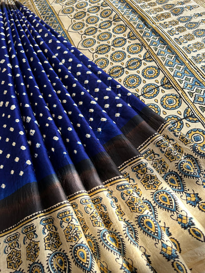 AAKRUTI : HANDMADE BANDHANI AJRAKH MODAL SILK SAREE WITH TISSUE PALLU