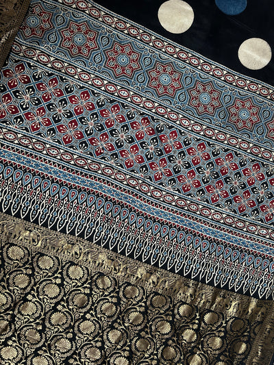 URVASHI: Handblock Ajrakh Dola Silk Saree with Meenakari Pallu