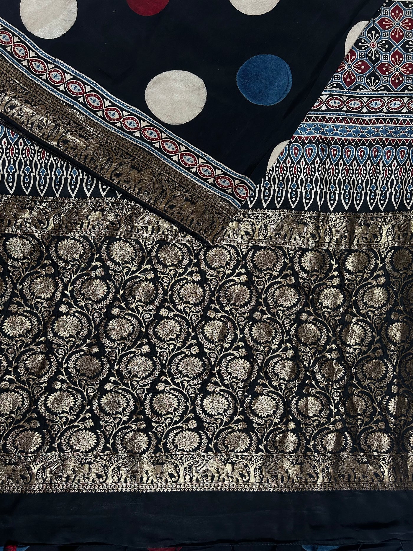 URVASHI: Handblock Ajrakh Dola Silk Saree with Meenakari Pallu