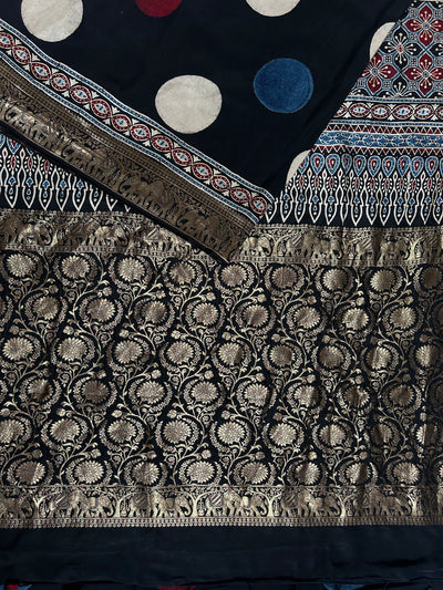 URVASHI: Handblock Ajrakh Dola Silk Saree with Meenakari Pallu