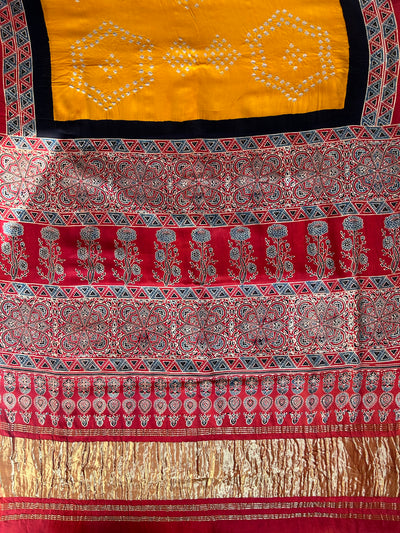 KADAMBARI : HANDMADE BANDHANI AJRAKH MODAL SILK SAREE WITH TISSUE PALLU