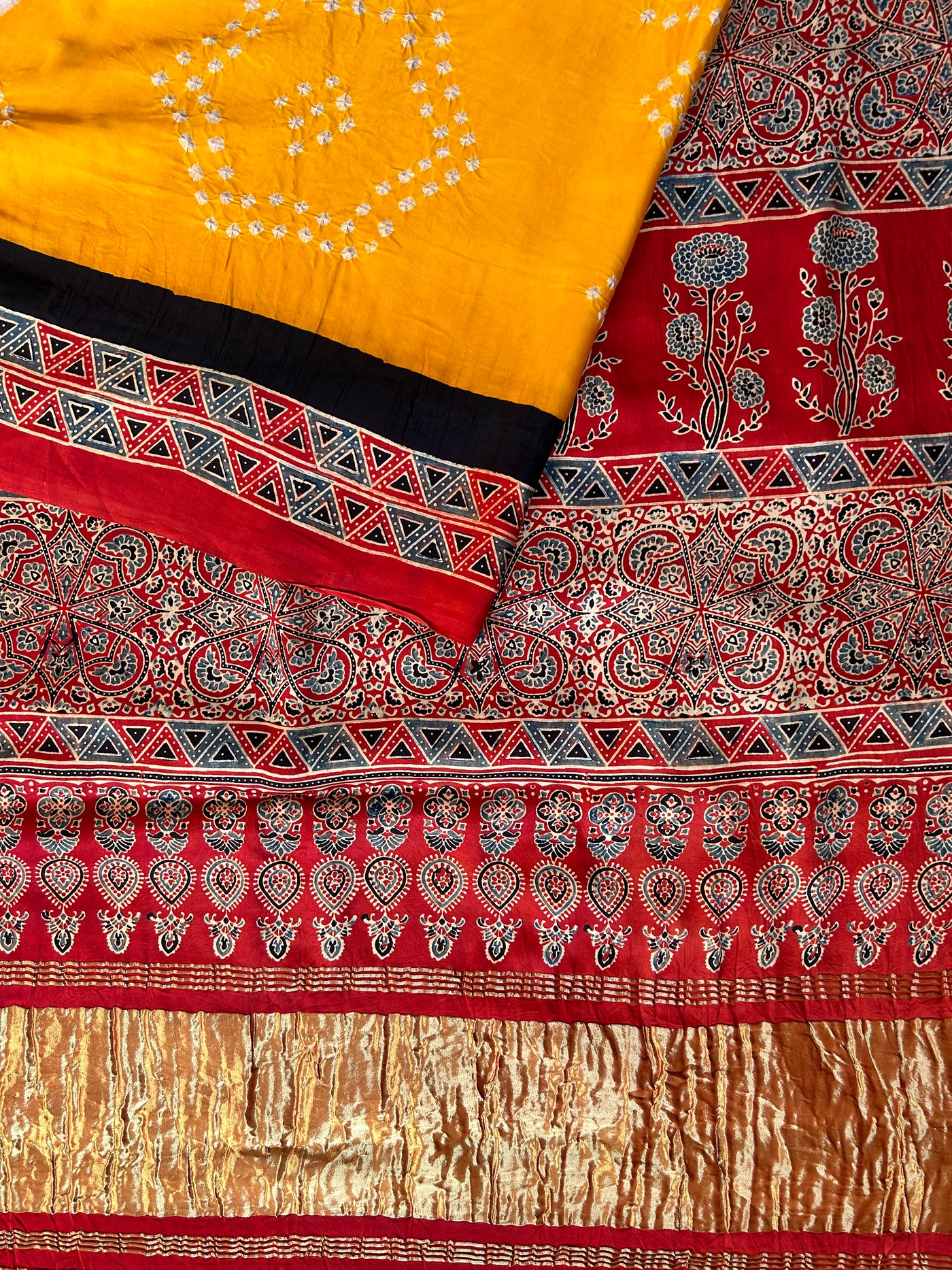 KADAMBARI : HANDMADE BANDHANI AJRAKH MODAL SILK SAREE WITH TISSUE PALLU