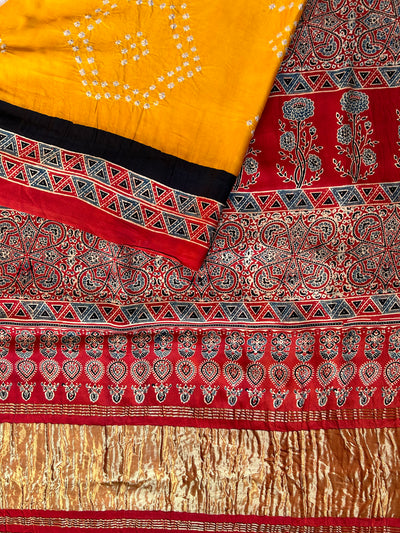 KADAMBARI : HANDMADE BANDHANI AJRAKH MODAL SILK SAREE WITH TISSUE PALLU