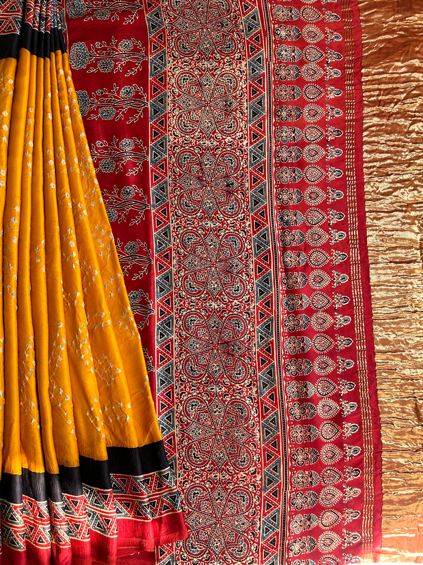 KADAMBARI : HANDMADE BANDHANI AJRAKH MODAL SILK SAREE WITH TISSUE PALLU