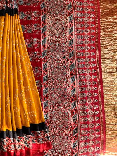 KADAMBARI : HANDMADE BANDHANI AJRAKH MODAL SILK SAREE WITH TISSUE PALLU