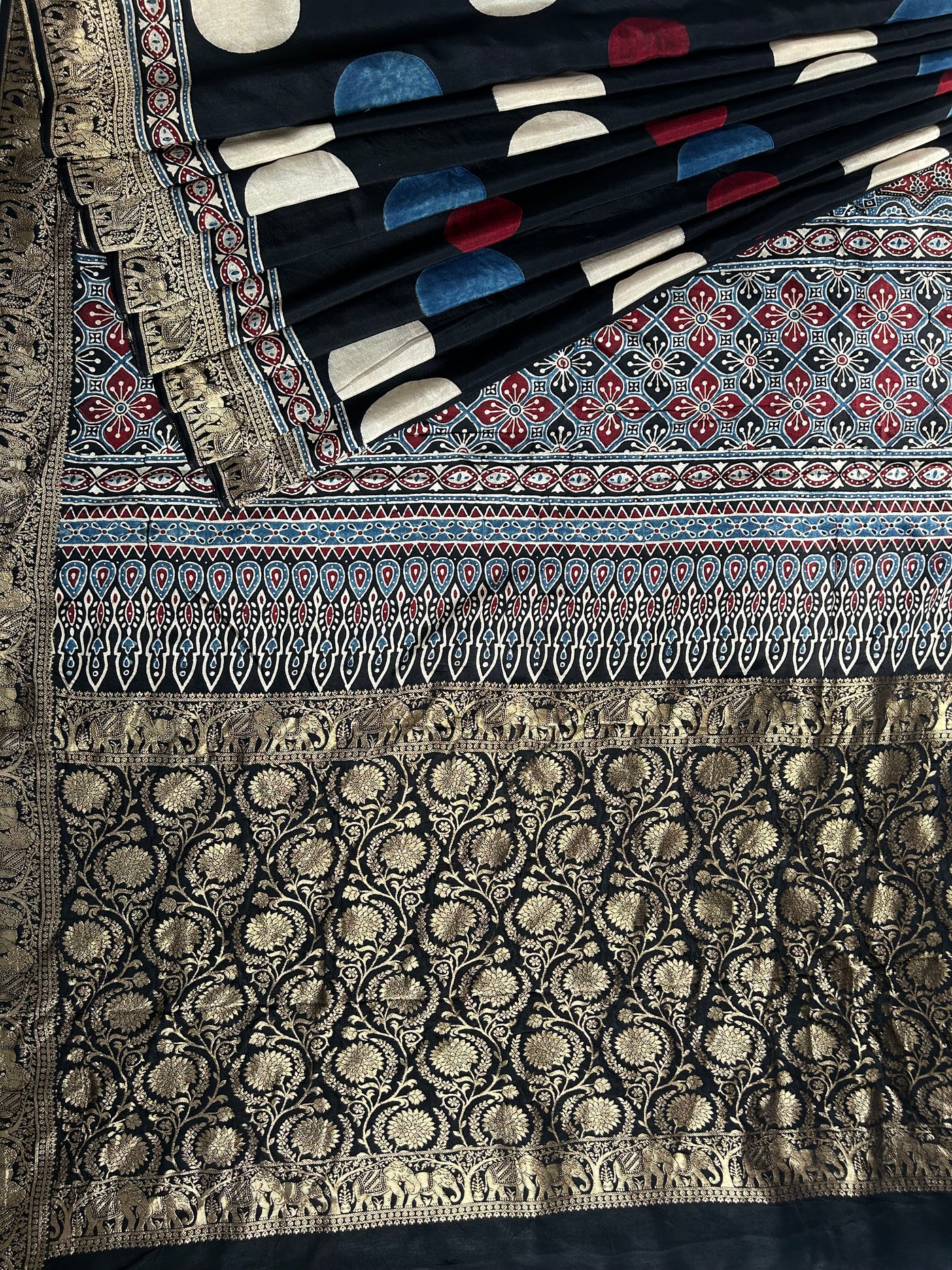 URVASHI: Handblock Ajrakh Dola Silk Saree with Meenakari Pallu