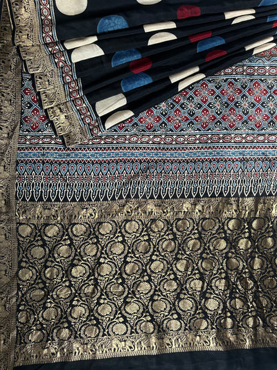 URVASHI: Handblock Ajrakh Dola Silk Saree with Meenakari Pallu