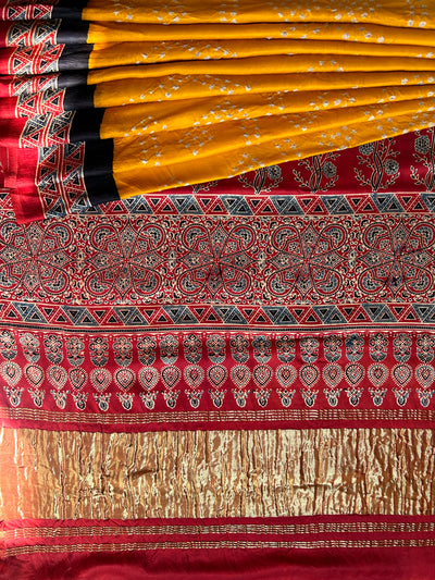 KADAMBARI : HANDMADE BANDHANI AJRAKH MODAL SILK SAREE WITH TISSUE PALLU