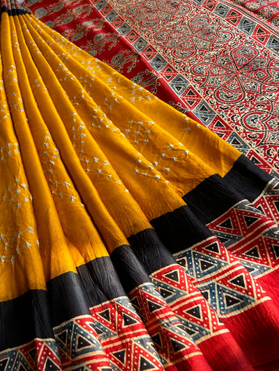 KADAMBARI : HANDMADE BANDHANI AJRAKH MODAL SILK SAREE WITH TISSUE PALLU