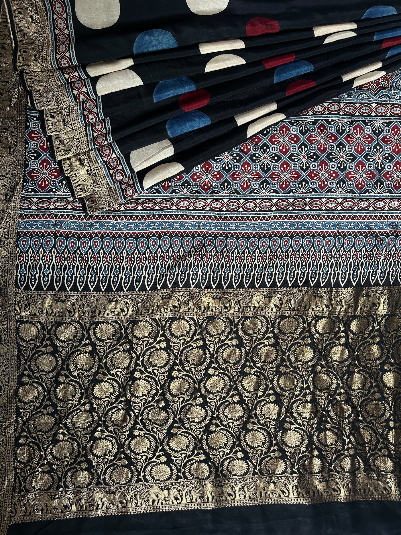URVASHI: Handblock Ajrakh Dola Silk Saree with Meenakari Pallu