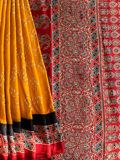 KADAMBARI : HANDMADE BANDHANI AJRAKH MODAL SILK SAREE WITH TISSUE PALLU