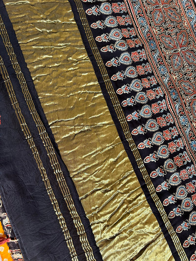 KAJAL: HANDMADE BANDHANI AJRAKH MODAL SILK SAREE WITH TISSUE PALLU